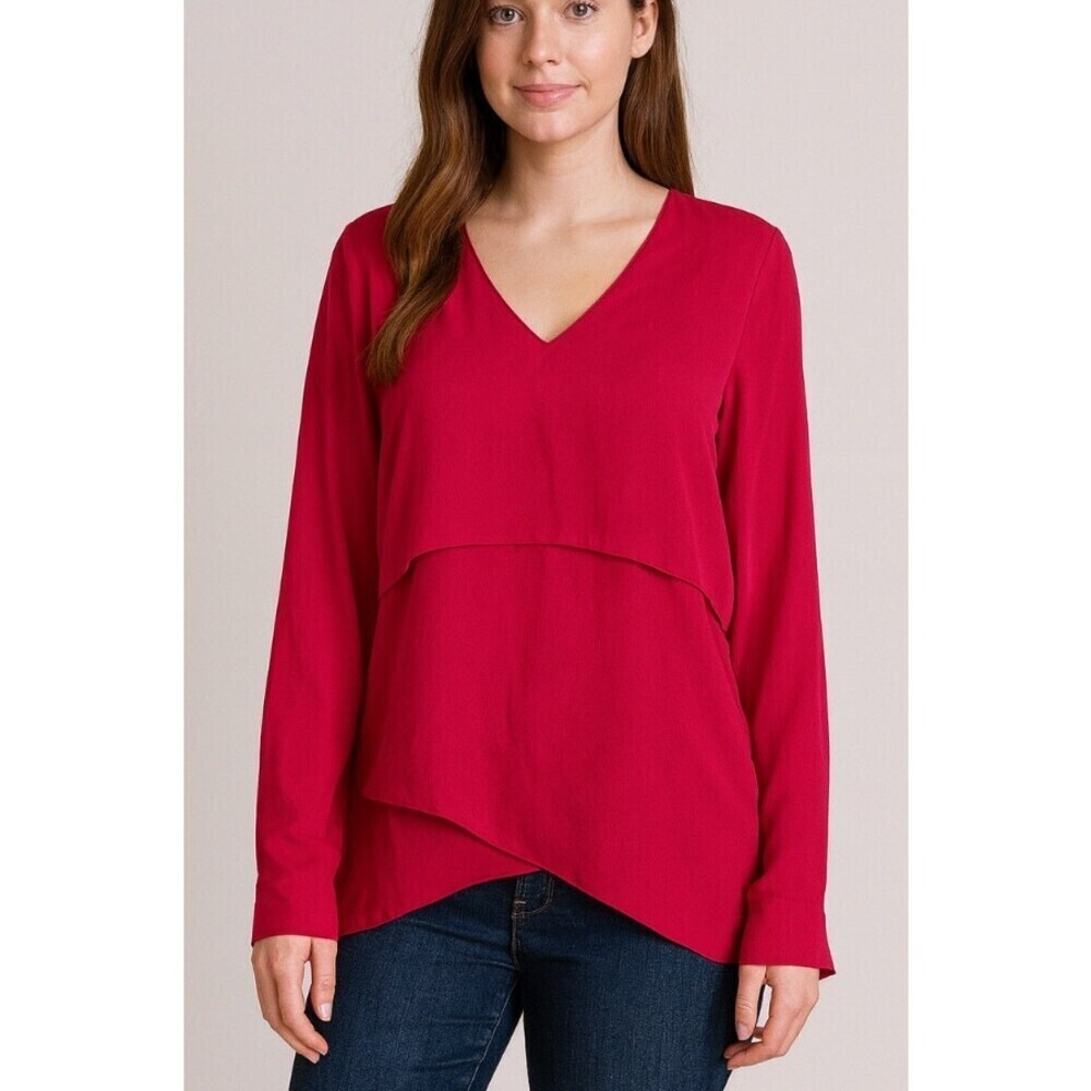 White House Black Market layered tiered melon red V-neck blouse SZ 4 top